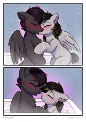 Size: 2480x3508 | Tagged: safe, artist:sonigiraldo, derpibooru import, ponerpics import, ponybooru import, oc, oc:mistral dreamer, oc:silver moon, unofficial characters only, pegasus, pony, comic:bathing bliss, after kiss, bath, bathing together, bathtub, blushing, chest fluff, comic, drool, drool string, duo, duo male and female, ear fluff, eyes closed, female, image, kiss on the lips, kissing, male, mare, oc x oc, open mouth, pegasus oc, png, shipping, stallion, straight, water, wings