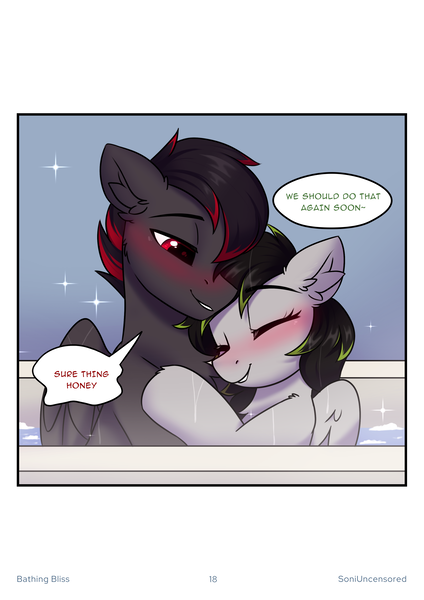 Size: 2480x3508 | Tagged: safe, artist:sonigiraldo, derpibooru import, oc, oc:mistral dreamer, oc:silver moon, unofficial characters only, pegasus, pony, comic:bathing bliss, bath, bathing together, bathtub, blushing, chest fluff, comic, dialogue, duo, duo male and female, ear fluff, eyes closed, female, image, male, mare, oc x oc, pegasus oc, png, shipping, smiling, sparkles, speech bubble, stallion, straight, talking, water, wings