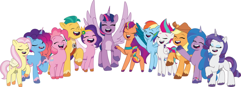 Size: 5454x1974 | Tagged: safe, artist:prixy05, derpibooru import, applejack, fluttershy, hitch trailblazer, izzy moonbow, pinkie pie, pipp petals, rainbow dash, rarity, sunny starscout, twilight sparkle, twilight sparkle (alicorn), zipp storm, alicorn, earth pony, pegasus, pony, unicorn, g4, g5, my little pony: tell your tale, applejack (g5), eyes closed, female, fluttershy (g5), g4 to g5, generation leap, horn, image, male, mane five, mane six, mane six (g5), mane stripe sunny, mane twelve, mare, misty brightdawn, pinkie pie (g5), png, rainbow dash (g5), rarity (g5), rebirth misty, simple background, stallion, transparent background, twilight sparkle (g5)