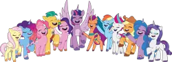 Size: 5454x1974 | Tagged: safe, artist:prixy05, derpibooru import, applejack, fluttershy, hitch trailblazer, izzy moonbow, pinkie pie, pipp petals, rainbow dash, rarity, sunny starscout, twilight sparkle, twilight sparkle (alicorn), zipp storm, alicorn, earth pony, pegasus, pony, unicorn, g4, g5, my little pony: tell your tale, applejack (g5), eyes closed, female, fluttershy (g5), g4 to g5, generation leap, horn, image, male, mane five, mane six, mane six (g5), mane stripe sunny, mane twelve, mare, misty brightdawn, pinkie pie (g5), png, rainbow dash (g5), rarity (g5), rebirth misty, simple background, stallion, transparent background, twilight sparkle (g5)