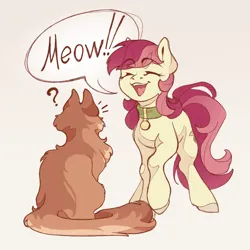 Size: 1600x1600 | Tagged: safe, artist:miss_glowwormis, derpibooru import, roseluck, cat, earth pony, pony, g4, behaving like a cat, collar, commission, commissioner:doom9454, cute, duo, image, meow, pet tag, png, pony pet, rosepet, sitting, standing