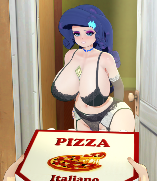 Size: 1830x2117 | Tagged: suggestive, artist:kkanon, derpibooru import, rarity, human, g4, 3d, big breasts, breasts, busty rarity, clothes, food, humanized, image, koikatsu, lingerie, pizza, pizza box, png, sexy