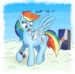 Size: 1418x1395 | Tagged: safe, artist:eels, derpibooru import, rainbow dash, pegasus, pony, seraph, g4, cloud, double wings, drink, energy drink, exclamation point, female, image, interrobang, mare, multiple wings, onomatopoeia, open mouth, png, question mark, red bull, shocked, shocked expression, solo, spread wings, vending machine, wings