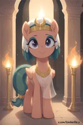 Size: 3000x4500 | Tagged: safe, ai content, derpibooru import, machine learning generated, prompter:kimberlite, stable diffusion, somnambula, pegasus, pony, g4, ai composition, cute, fire, image, indoors, jpeg, looking at you, temple