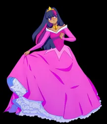 Size: 1365x1570 | Tagged: safe, artist:kitamondrawsstuff, derpibooru import, twilight sparkle, human, g4, alternate hairstyle, black background, clothes, cosplay, costume, crossover, crown, cute, dress, female, gown, humanized, image, jewelry, jpeg, necklace, petticoat, princess aurora, princess costume, princess dress, regalia, simple background, sleeping beauty, smiling, solo, twiabetes