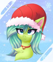 Size: 3000x3500 | Tagged: safe, artist:gaffy, derpibooru import, oc, oc:starzie, unofficial characters only, earth pony, pony, :3, abstract background, art trade, bell, bust, chest fluff, christmas, earth pony oc, eye clipping through hair, female, hat, holiday, image, mare, png, portrait, santa hat, smiling