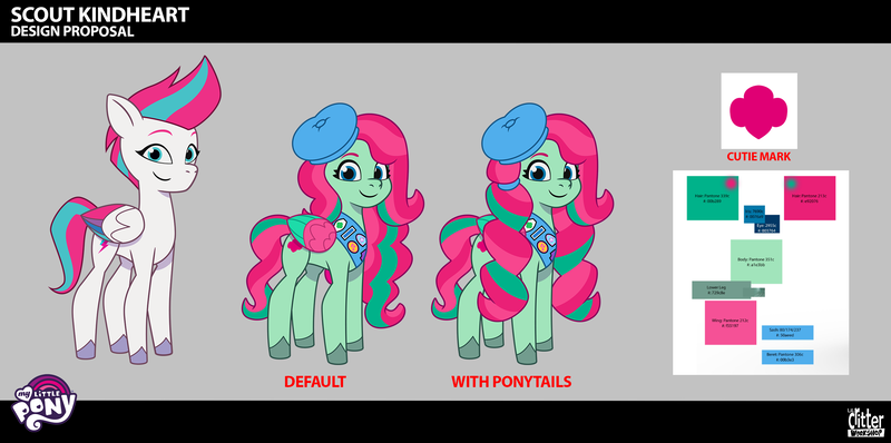 Size: 2693x1341 | Tagged: safe, derpibooru import, official, pegasus, pony, g5, my little pony: tell your tale, .psd available, behind the scenes, beret, colored wings, concept art, female, folded wings, hat, image, mare, multicolored wings, png, scout kindheart, wings