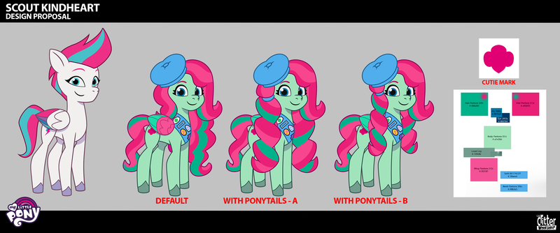 Size: 3214x1341 | Tagged: safe, derpibooru import, official, pegasus, pony, g5, my little pony: tell your tale, .psd available, behind the scenes, beret, colored wings, concept art, female, folded wings, hat, image, mare, multicolored wings, png, scout kindheart, wings