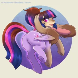 Size: 1280x1280 | Tagged: safe, artist:lunabara, derpibooru import, twilight sparkle, twilight sparkle (alicorn), alicorn, pony, rabbit, animal, butt, female, furry, furry to pony, image, jpeg, looking back, plot, solo, transformation