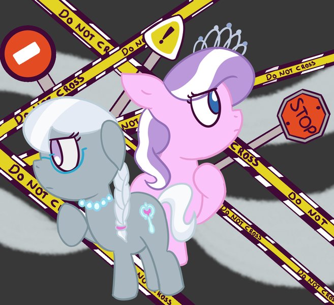 Size: 1150x1050 | Tagged: safe, artist:wanda, derpibooru import, diamond tiara, silver spoon, earth pony, pony, g4, cutie mark, female, filly, foal, glasses, image, looking down, looking up, png, sign, stop sign