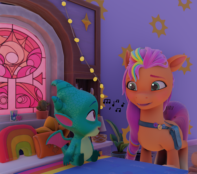 Size: 3362x2968 | Tagged: safe, artist:sunsetshimmersus, derpibooru import, sparky sparkeroni, sunny starscout, dragon, earth pony, pony, g5, 3d, baby, baby dragon, bed, blender, crystal brighthouse, duo, duo male and female, female, image, looking at each other, looking at someone, lullaby, male, mane stripe sunny, mare, png, singing, sunny starscout's bedroom