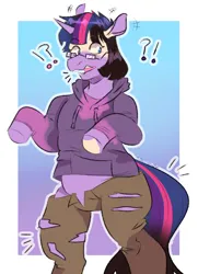 Size: 1500x2069 | Tagged: safe, artist:spacecorgi, derpibooru import, twilight sparkle, human, pony, unicorn, g4, clothes, exclamation point, glasses, hoodie, horn, human to pony, image, interrobang, mid-transformation, pants, png, question mark, ripping clothes, solo, standing, transformation