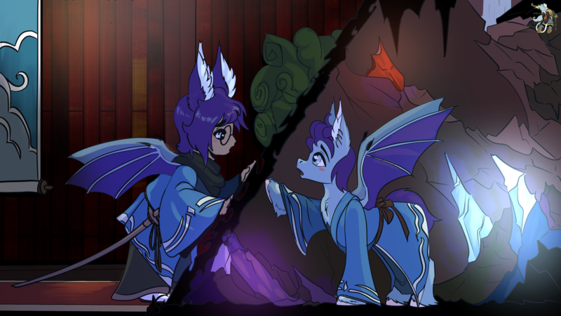 Size: 3840x2160 | Tagged: safe, artist:brainiac, derpibooru import, oc, oc:wax n' wane, ponified, unofficial characters only, bat pony, pony, bat pony oc, bat wings, cavern, clothes, commission, crossover, duality, final fantasy, final fantasy xiv, glasses, glowing crystals, hakama, image, indoors, kimono (clothing), lalafell, png, samurai, self paradox, wings