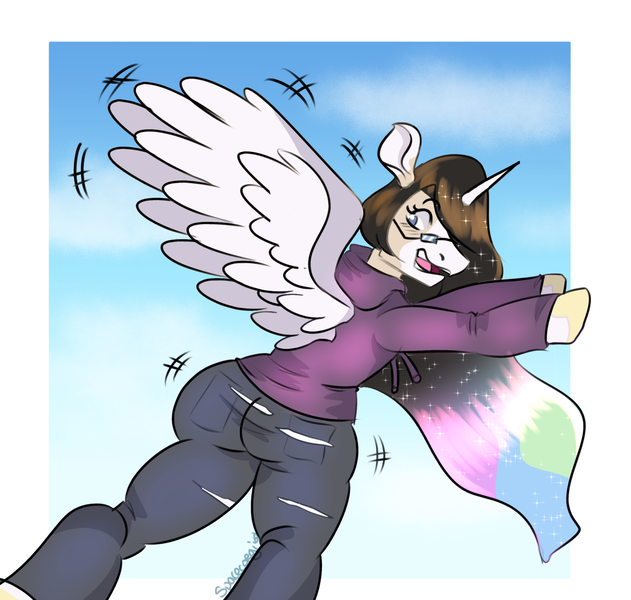 Size: 1900x1807 | Tagged: safe, artist:spacecorgi, derpibooru import, princess celestia, alicorn, human, pony, g4, clothes, falling, glasses, hoodie, human to pony, image, looking back, pants, png, ripping clothes, solo, spread wings, transformation, wings