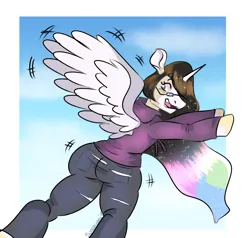 Size: 1900x1807 | Tagged: safe, artist:spacecorgi, derpibooru import, princess celestia, alicorn, human, pony, g4, clothes, falling, glasses, hoodie, human to pony, image, looking back, pants, png, ripping clothes, solo, spread wings, transformation, wings