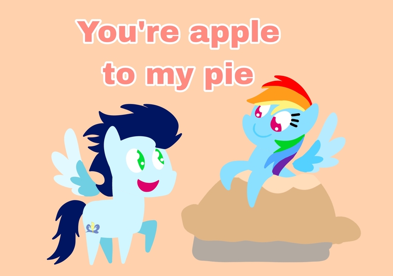 Size: 3553x2499 | Tagged: safe, anonymous artist, derpibooru import, rainbow dash, soarin', pegasus, pony, series:soarindash relationship, series:soarindash romantic tales, apple, apple pie, derpibooru exclusive, female, food, image, jpeg, looking at each other, looking at someone, male, mare, pie, pointy ponies, shipping, smiling, smiling at each other, soarindash, stallion, straight, text