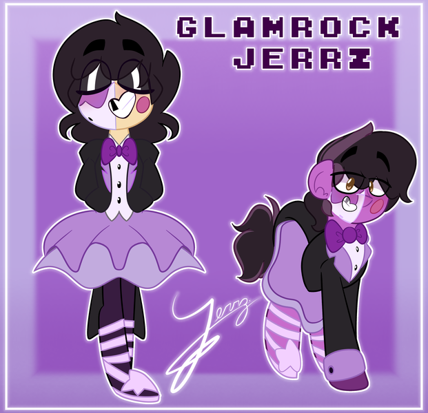 Size: 2900x2800 | Tagged: safe, artist:jerrz_pony, derpibooru import, oc, oc:jerrz, earth pony, human, pony, ballerina, black hair, brown eyes, clothes, cute, femboy, five nights at freddy's, humanized, image, make-up, male, nonbinary, nonbinary oc, png, purple background, purple mane, simple background, skirt, suit, unisex