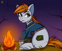 Size: 1200x1000 | Tagged: safe, artist:namelessplaza, derpibooru import, oc, oc:littlepip, pony, unicorn, fallout equestria, bonfire, cigarette, fallout, female, fire, grass, horn, image, jpeg, night, solo, tree