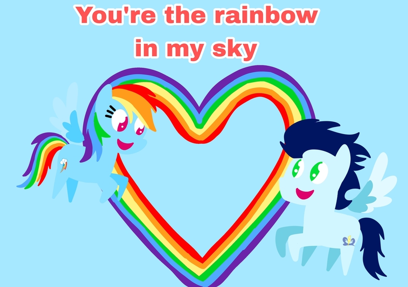 Size: 3553x2499 | Tagged: safe, anonymous artist, derpibooru import, rainbow dash, soarin', pegasus, pony, series:soarindash relationship, series:soarindash romantic tales, derpibooru exclusive, female, flying, heart, image, jpeg, looking at each other, looking at someone, male, mare, pointy ponies, rainbow, shipping, smiling, smiling at each other, soarindash, stallion, straight, text