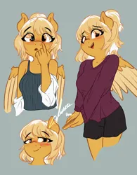 Size: 2650x3400 | Tagged: safe, alternate version, artist:potato22, derpibooru import, oc, oc:mareota, unofficial characters only, anthro, pegasus, bedroom eyes, blushing, clothes, eye clipping through hair, eyebrows, eyebrows visible through hair, film grain, gray background, image, looking at you, open mouth, partially open wings, png, ponytail, shirt, shorts, signature, simple background, smiling, smiling at you, solo, tanktop, wings