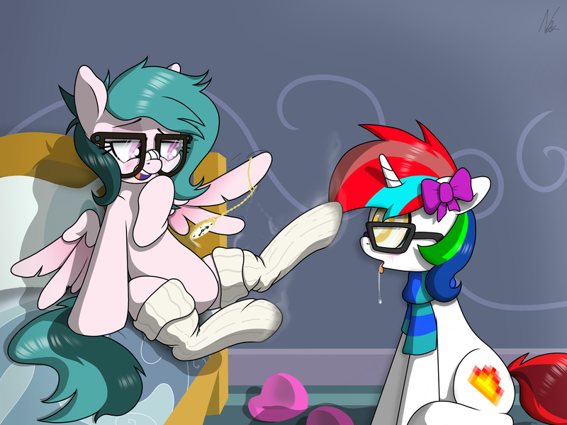 Size: 4000x3000 | Tagged: suggestive, artist:noomeralf, derpibooru import, oc, oc:hazy breeze, oc:link fire, unofficial characters only, pegasus, pony, unicorn, bed, bedroom, blushing, clothes, drool, drool string, female, fetish, glasses, hoof fetish, horn, hypnosis, hypnotized, image, mare, png, pocket watch, scarf, slippers, sock fetish, socks, steamy, sweat, sweaty socks, swirly eyes, tongue out