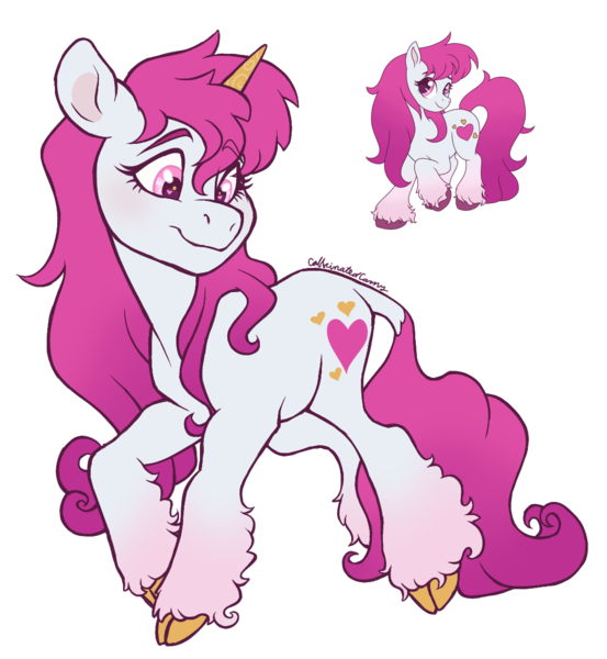 Size: 1051x1141 | Tagged: safe, artist:caffeinatedcarny, derpibooru import, sweetheart, pony, unicorn, g1, my little pony tales, cloven hooves, colored hooves, gradient hooves, gradient mane, hooves, horn, horn runes, image, leonine tail, png, redesign, simple background, solo, species swap, tail, transparent background, unshorn fetlocks