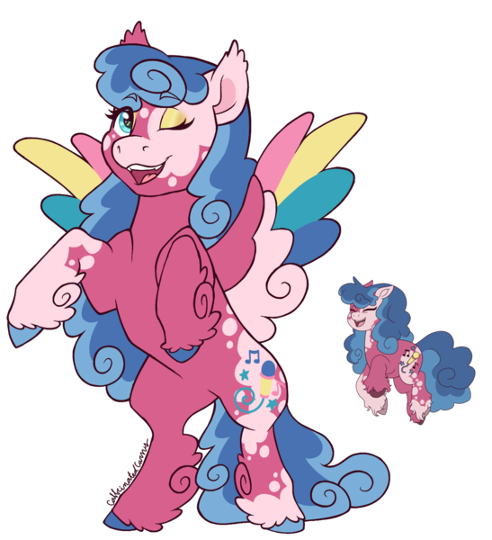 Size: 1271x1395 | Tagged: safe, artist:caffeinatedcarny, derpibooru import, melody, pegasus, pony, g1, my little pony tales, colored hooves, colored wings, eyeshadow, feathered ears, feathered fetlocks, hooves, image, makeup, multicolored hooves, multicolored wings, one eye closed, png, redesign, simple background, solo, species swap, spread wings, standing on two hooves, transparent background, vitiligo, wings, wink