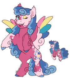 Size: 1271x1395 | Tagged: safe, artist:caffeinatedcarny, derpibooru import, melody, pegasus, pony, g1, my little pony tales, colored hooves, colored wings, eyeshadow, feathered ears, feathered fetlocks, hooves, image, makeup, multicolored hooves, multicolored wings, one eye closed, png, redesign, simple background, solo, species swap, spread wings, standing on two hooves, transparent background, vitiligo, wings, wink