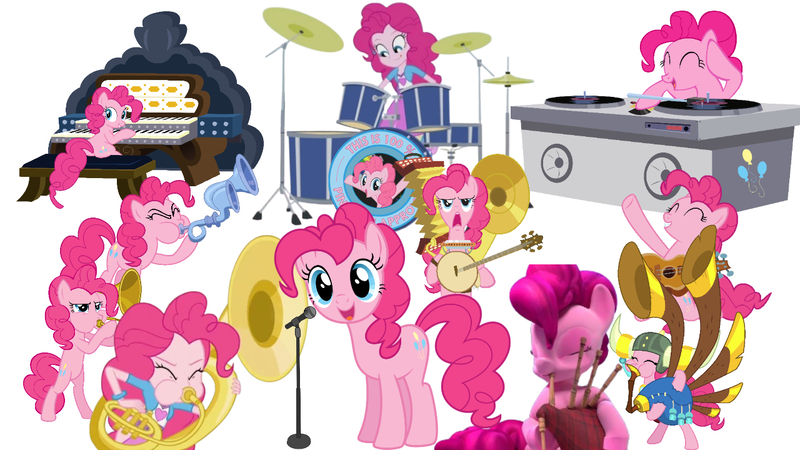 Size: 1280x720 | Tagged: safe, artist:mariahkool, derpibooru import, pinkie pie, earth pony, pony, equestria girls, g4, hello pinkie pie, bagpipes, banjo, butt, female, guitar, harmonica, image, jpeg, mare, microphone, musical instrument, my little pony, organ, organ to the outside, plot, sitting, solo, tuba, yovidaphone