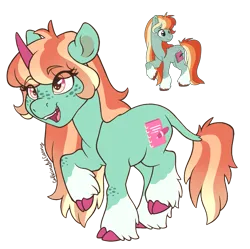 Size: 1181x1178 | Tagged: safe, artist:caffeinatedcarny, derpibooru import, bright eyes, earth pony, pony, unicorn, g1, my little pony tales, cloven hooves, coat markings, colored hooves, colored horn, cute, cute little fangs, eye clipping through hair, eyebrows, eyebrows visible through hair, fangs, female, freckles, gradient mane, gradient tail, hooves, horn, image, leg freckles, leonine tail, mare, multicolored eyes, open mouth, open smile, pink horn, png, raised hoof, redesign, signature, simple background, smiling, socks (coat marking), solo, species swap, standing on two hooves, tail, transparent background, unicorn bright eyes, unshorn fetlocks