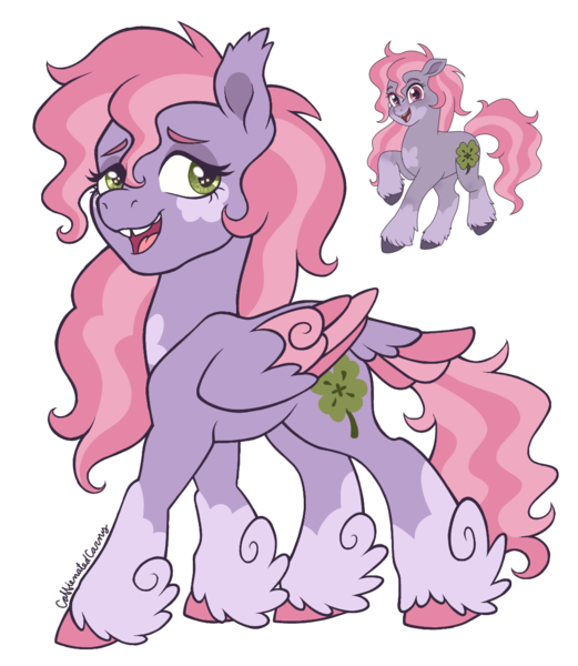 Size: 1079x1243 | Tagged: safe, artist:caffeinatedcarny, derpibooru import, clover (g1), earth pony, pegasus, pony, g1, my little pony tales, clothes, coat markings, colored hooves, colored wings, dark eyes, ear tufts, facial markings, feathered ears, feathered fetlocks, female, fetlock tuft, folded wings, hooves, image, lidded eyes, mare, multicolored wings, not starsong, open mouth, open smile, pegasus clover (g1), pink hair, png, redesign, signature, simple background, smiling, socks (coat marking), solo, species swap, tail, tail feathers, tooth gap, transparent background, unshorn fetlocks, wings