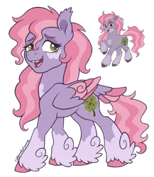 Size: 1079x1243 | Tagged: safe, artist:caffeinatedcarny, derpibooru import, clover (g1), earth pony, pegasus, pony, g1, my little pony tales, clothes, coat markings, colored hooves, colored wings, dark eyes, ear tufts, facial markings, feathered ears, feathered fetlocks, female, fetlock tuft, folded wings, hooves, image, lidded eyes, mare, multicolored wings, not starsong, open mouth, open smile, pegasus clover (g1), pink hair, png, redesign, signature, simple background, smiling, socks (coat marking), solo, species swap, tail, tail feathers, tooth gap, transparent background, unshorn fetlocks, wings