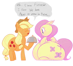 Size: 1100x1000 | Tagged: suggestive, artist:polofastter, artist:secretgoombaman12345, derpibooru import, applejack, fluttershy, earth pony, pegasus, pony, g4, adorafatty, blushing, butt, cloche, duo, duo female, fat, fattershy, feederjack, feeding, female, food, force feeding, huge butt, image, impossibly large butt, large butt, mare, morbidly obese, obese, plot, png, simple background, sitting, stuffed, stuffing, sweat, transparent background, weight gain