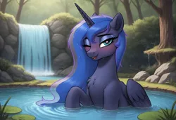 Size: 2432x1664 | Tagged: safe, ai content, machine learning generated, prompter:inumbralunaest, princess luna, alicorn, pony, g4, blushing, chest fluff, eyeshadow, female, image, jpeg, looking at you, makeup, mare, one eye closed, pond, solo, solo female, waterfall