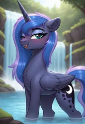 Size: 832x1216 | Tagged: safe, ai content, machine learning generated, prompter:inumbralunaest, princess luna, alicorn, pony, g4, blushing, chest fluff, eyeshadow, female, image, jpeg, looking at you, makeup, mare, one eye closed, pond, solo, solo female, waterfall