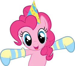 Size: 7024x6188 | Tagged: safe, artist:firlin123, pinkie pie, earth pony, pony, happy birthday to you!, absurd resolution, clothes, female, hat, image, mare, open mouth, party hat, ponies in socks, simple background, socks, solo, spread hooves, striped socks, svg, transparent background, vector