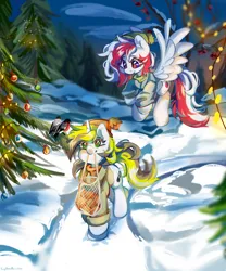 Size: 4000x4800 | Tagged: safe, artist:vanilla-chan, derpibooru import, oc, oc:red wine, oc:yellowglaze, unofficial characters only, pegasus, pony, unicorn, chest fluff, clothes, horn, image, pegasus oc, png, scarf, snow, tail, two toned mane, two toned tail, unicorn oc, wings, winter