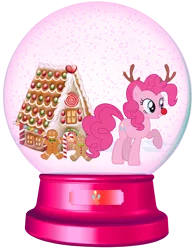 Size: 1700x2177 | Tagged: safe, artist:lizzmcclin, derpibooru import, pinkie pie, earth pony, pony, g4, antlers, christmas, female, food, gingerbread (food), gingerbread house, gingerbread man, holiday, image, png, reindeer antlers, rudolph nose, rudolph the red nosed reindeer, simple background, snow globe, solo, transparent background