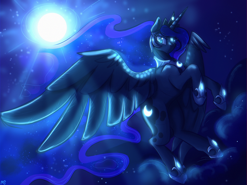 Size: 2048x1536 | Tagged: safe, artist:mystyswirl, derpibooru import, princess luna, alicorn, pony, g4, absurd resolution, beautiful, blue eyes, blue mane, blue tail, cloud, crown, digital art, ethereal mane, ethereal tail, eyeshadow, feather, female, flowing mane, flowing tail, flying, gem, glow, hoof shoes, horn, image, jewelry, looking at you, majestic, makeup, mare, moon, moonlight, night, peytral, png, princess shoes, redraw, regalia, signature, sky, solo, sparkles, spread wings, starry mane, starry tail, stars, tail, wings