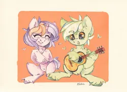 Size: 2560x1859 | Tagged: safe, artist:lilacclime, derpibooru import, oc, oc:energytone, oc:lilac clime, unofficial characters only, pegasus, pony, unicorn, couple, duo, duo male and female, female, guitar, horn, image, male, mare, musical instrument, png, romance, singing, stallion, traditional art, watermark