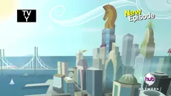 Size: 1280x720 | Tagged: safe, derpibooru import, screencap, g4, rarity takes manehattan, city, cityscape, hub logo, image, jpeg, logo, manehattan, my little pony, no pony, scenery, the hub, tv rating, tv-y