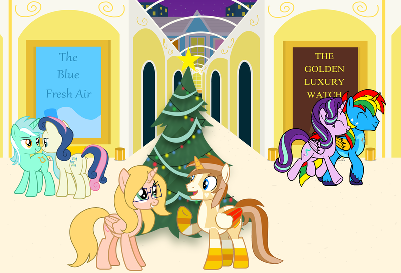 Size: 5369x3659 | Tagged: safe, artist:shieldwingarmorofgod, derpibooru import, bon bon, lyra heartstrings, starlight glimmer, sweetie drops, oc, oc:allie, oc:fidget, oc:shield wing, g4, christmas, christmas shopping, christmas tree, female, holiday, image, lesbian, lyrabon, mall, png, shipping, tree