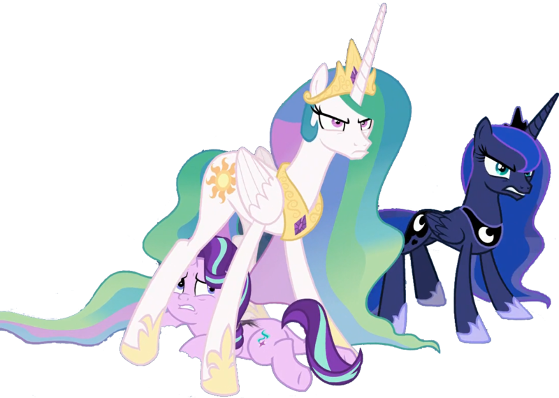 Size: 1169x833 | Tagged: safe, derpibooru import, edit, edited screencap, editor:pascalmulokozi2, screencap, princess celestia, princess luna, starlight glimmer, alicorn, unicorn, g4, background removed, female, horn, image, not a vector, png, trio, trio female