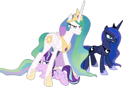 Size: 1169x833 | Tagged: safe, derpibooru import, edit, edited screencap, editor:pascalmulokozi2, screencap, princess celestia, princess luna, starlight glimmer, alicorn, unicorn, g4, background removed, female, horn, image, not a vector, png, trio, trio female