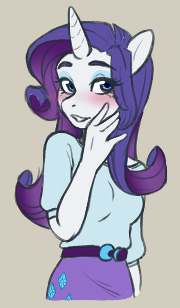 Size: 467x796 | Tagged: safe, artist:alruic, derpibooru import, rarity, anthro, unicorn, g4, blushing, bust, clothes, equestria girls outfit, female, finger, hand, horn, i can't believe it's not chub-wub, image, png, portrait, simple background, smiling, solo