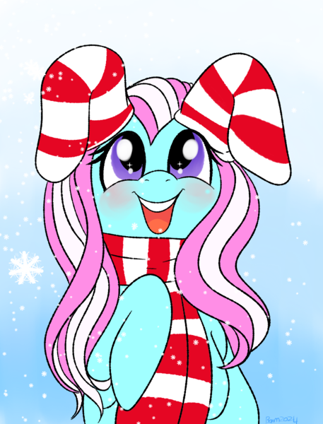 Size: 780x1025 | Tagged: safe, artist:therainbowtroll, derpibooru import, minty, pony, g3, christmas, christmas stocking, clothes, female, holiday, image, mare, open mouth, open smile, png, scarf, smiling, snow, socks, solo, that pony sure does love socks