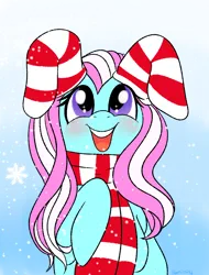 Size: 780x1025 | Tagged: safe, artist:therainbowtroll, derpibooru import, minty, pony, g3, christmas, christmas stocking, clothes, female, holiday, image, mare, open mouth, open smile, png, scarf, smiling, snow, socks, solo, that pony sure does love socks