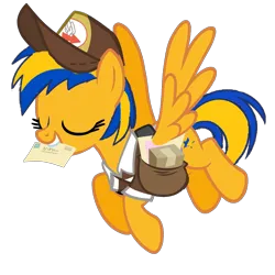 Size: 1748x1748 | Tagged: safe, artist:mlpfan3991, derpibooru import, oc, oc:flare spark, pegasus, bag, eyes closed, flying, hat, image, mail, mailbag, mailmare, png