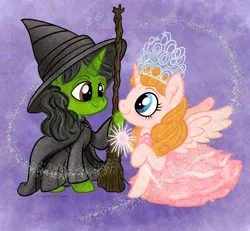 Size: 2356x2174 | Tagged: safe, artist:amynewblue, derpibooru import, pony, unicorn, black dress, blue eyes, brown eyes, clothes, crossover, crown, dress, elphaba, female, frilly dress, glinda the good witch, green pony, hat, horn, image, jewelry, movie reference, pink dress, pink pony, png, purple background, regalia, simple background, sparkles, the wizard of oz, wand, wicked, wicked witch of the west, witch, witch hat