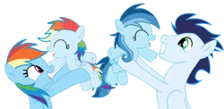 Size: 1280x626 | Tagged: safe, artist:soarindasher10, derpibooru import, rainbow dash, soarin', oc, oc:ragtag, oc:shooting star, pegasus, pony, g4, female, filly, foal, image, male, mare, offspring, parent:rainbow dash, parent:soarin', parents:soarindash, png, shipping, siblings, simple background, soarindash, stallion, straight, transparent background, twins